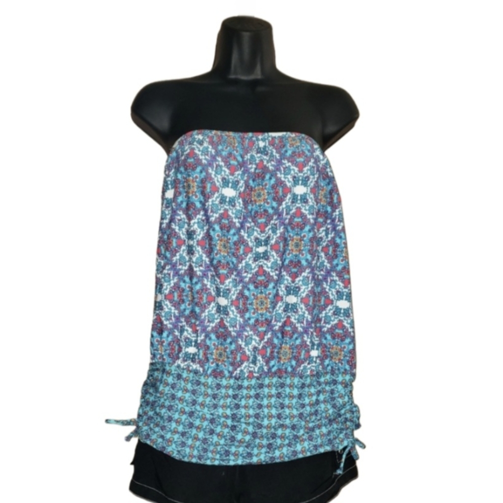 ATHENA Tankini Swim Top Strapless Bandeau Tunic Paisley Print Ruched Geometric